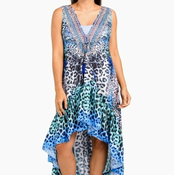 TRUE COLOURS by La Moda Frill Hi-Low Blue Beach Swim Cover-Up Maxi Dress NWT - Picture 1 of 8